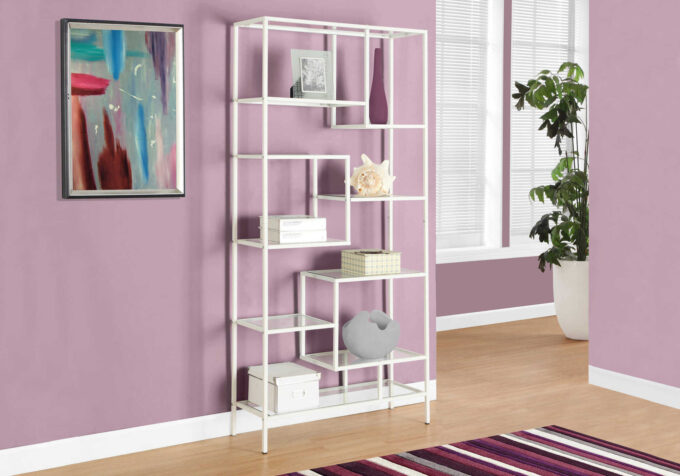 BOOKCASE - 72"H / WHITE METAL WITH TEMPERED GLASS