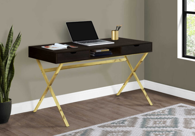 COMPUTER DESK - 48"L / ESPRESSO / GOLD METAL