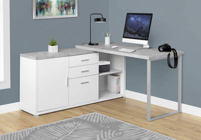 COMPUTER DESK - 60"L WHITE / CEMENT-LOOK LEFT/RIGHT FACE