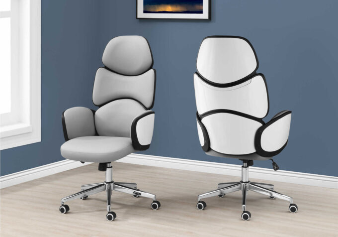 OFFICE CHAIR - GREY LEATHER-LOOK / HIGH BACK EXECUTIVE