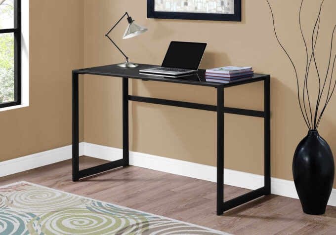 COMPUTER DESK - 48"L / BLACK METAL / BLACK TEMPERED GLASS