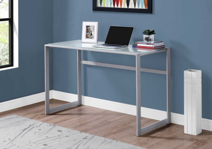 COMPUTER DESK - 48"L / SILVER METAL/ WHITE TEMPERED GLASS