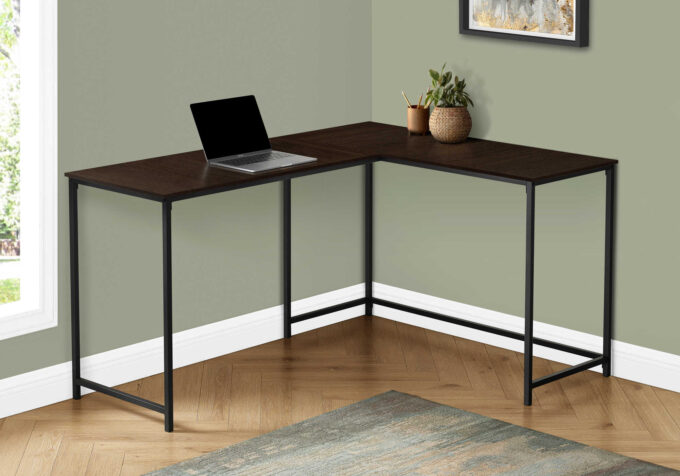 COMPUTER DESK - 58"L / ESPRESSO TOP / BLACK METAL CORNER