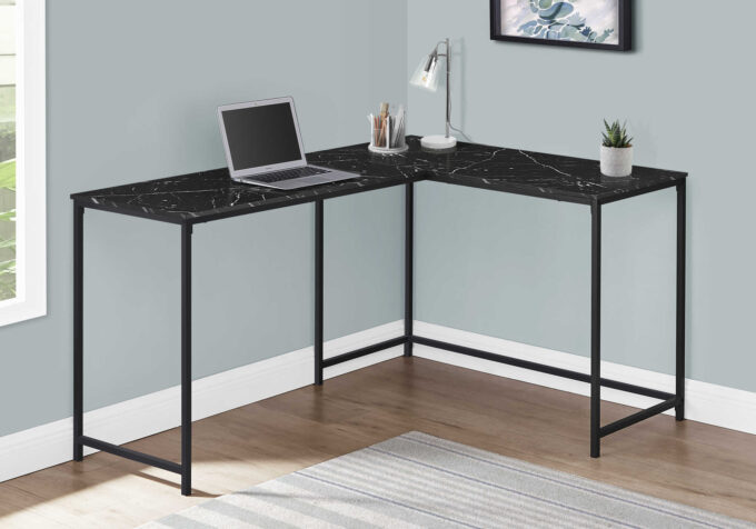 COMPUTER DESK - 58"L / BLACK MARBLE / BLACK METAL CORNER