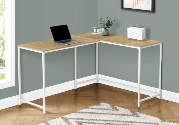 COMPUTER DESK - 58"L / NATURAL / WHITE METAL CORNER