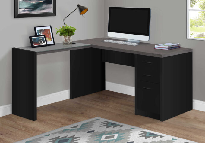 COMPUTER DESK - BLACK / GREY TOP CORNER W/ TEMPERED GLASS