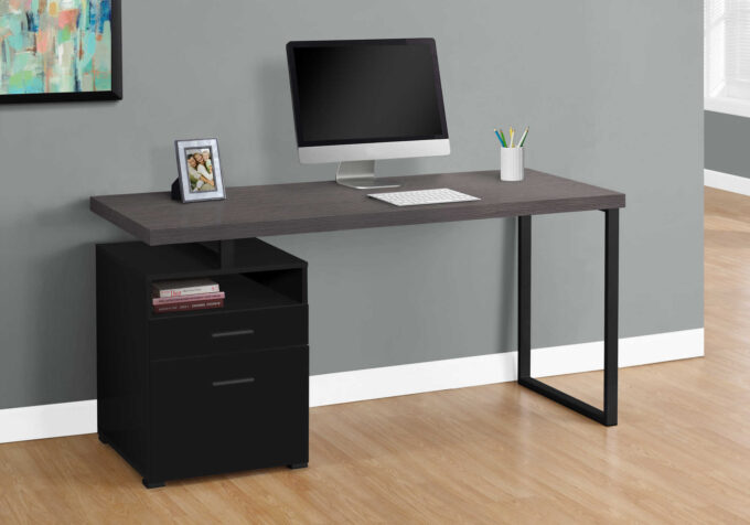 COMPUTER DESK - 60"L / BLACK / GREY TOP / BLACK METAL