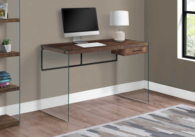 COMPUTER DESK - 48"L / BROWN RECLAIMED WOOD/ GLASS PANELS