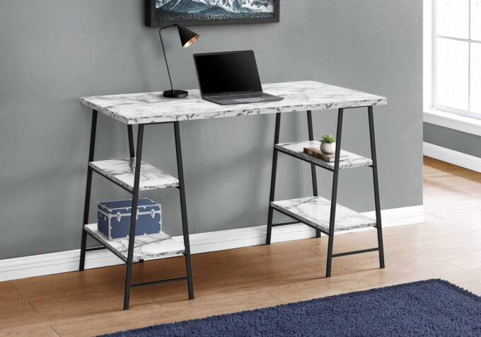 COMPUTER DESK - 48"L / WHITE MARBLE-LOOK / BLACK METAL