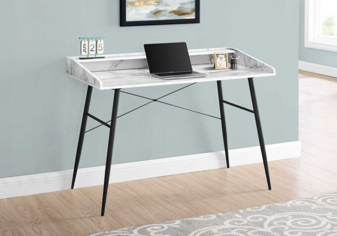 COMPUTER DESK - 48"L / WHITE MARBLE-LOOK / BLACK METAL