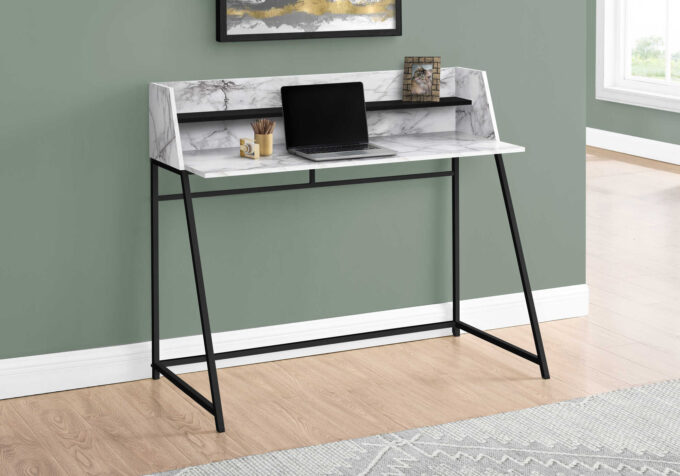 COMPUTER DESK - 48"L / WHITE MARBLE-LOOK / BLACK METAL