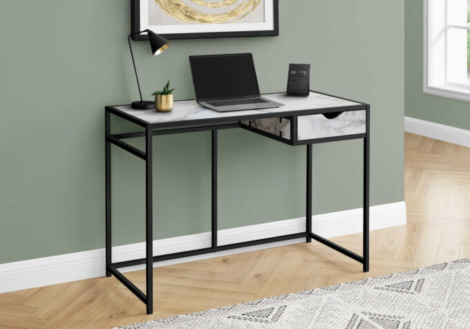 COMPUTER DESK - 42"L / WHITE MARBLE-LOOK / BLACK METAL