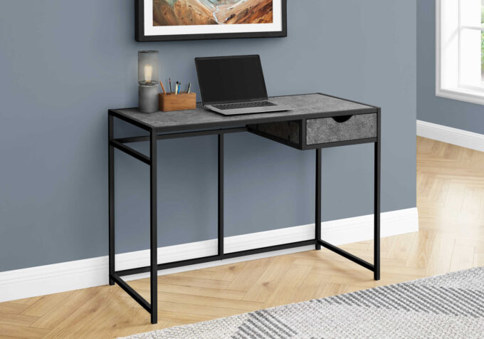 COMPUTER DESK - 42"L / GREY STONE-LOOK / BLACK METAL