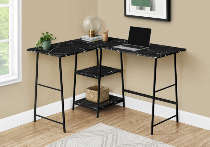 COMPUTER DESK - 48"L / BLACK MARBLE / BLACK METAL CORNER