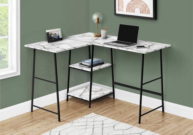 COMPUTER DESK - 48"L / WHITE MARBLE / BLACK METAL CORNER