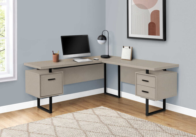 COMPUTER DESK - 70"L / MODERN TAUPE / BLACK METAL / L/R