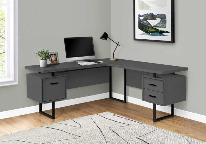 COMPUTER DESK - 70"L / MODERN GREY / BLACK METAL / L/R