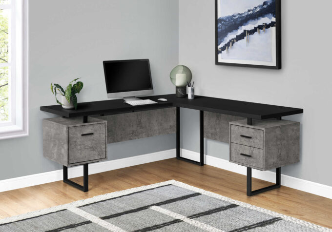 COMPUTER DESK - 70"L / BLACK/ CONCRETE/ BLACK METAL / L/R