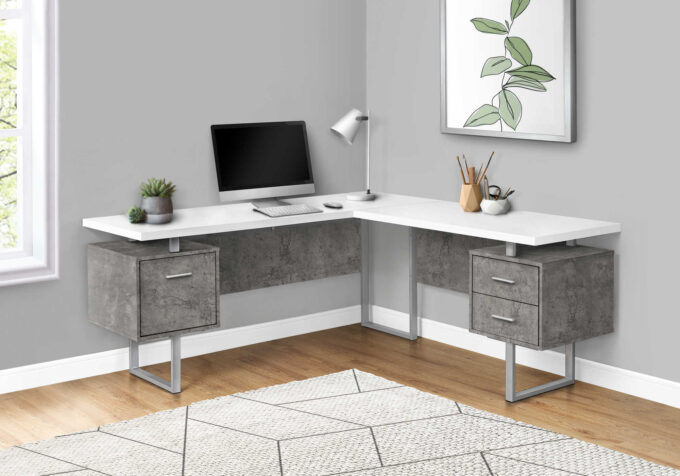 COMPUTER DESK - 70"L / WHITE/ CONCRETE/ SILVER METAL/ L/R