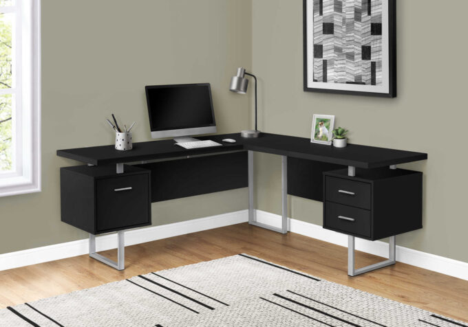 COMPUTER DESK - 70"L / BLACK / SILVER METAL / L/R FACE