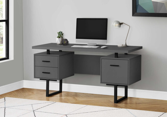 COMPUTER DESK - 60"L / MODERN GREY / BLACK METAL