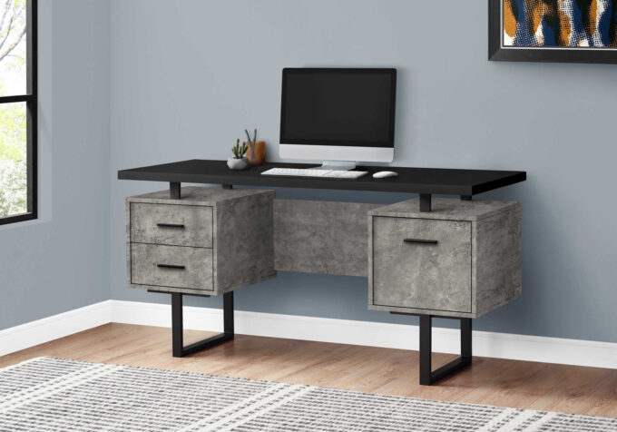 COMPUTER DESK - 60"L / BLACK/GREY CONCRETE/ SILVER METAL