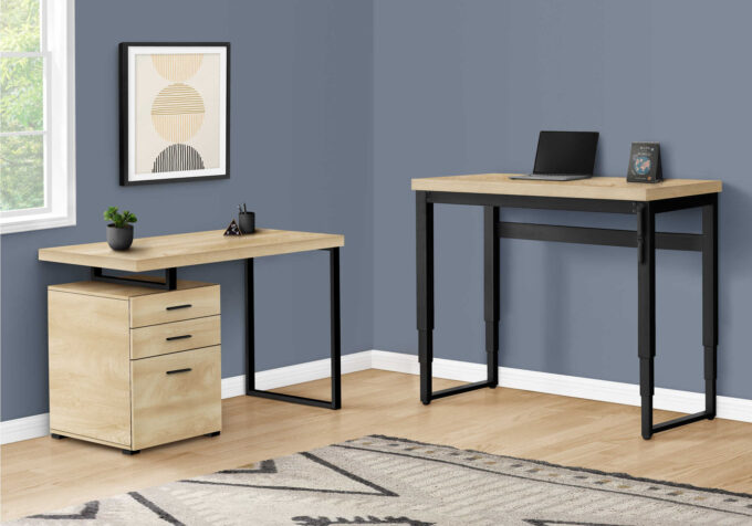 COMPUTER DESK - 48"L / NATURAL / ADJ.HEIGHT/ BLACK METAL - Image 2