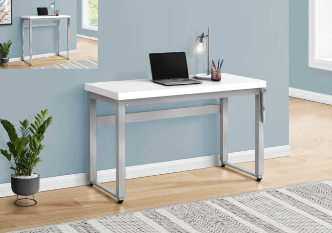 COMPUTER DESK - 48"L / WHITE / ADJ.HEIGHT/ SILVER METAL