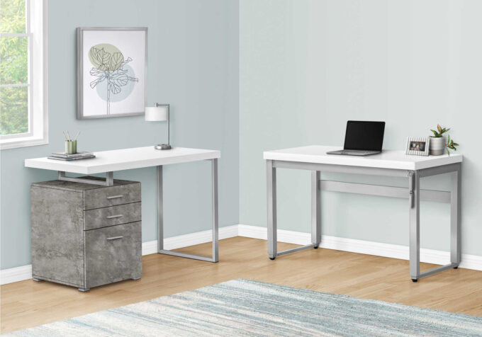 COMPUTER DESK - 48"L / WHITE / ADJ.HEIGHT/ SILVER METAL - Image 2