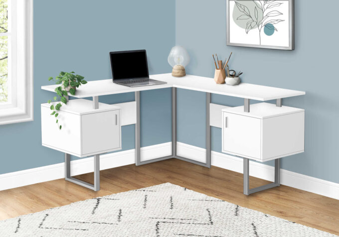 COMPUTER DESK - 58"L / WHITE / SILVER METAL CORNER