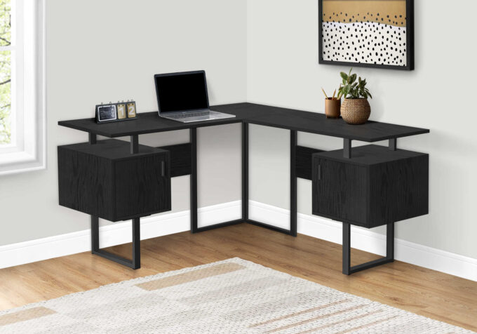 COMPUTER DESK - 58"L / BLACK OAK / BLACK METAL CORNER