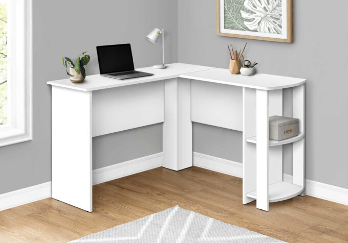 COMPUTER DESK - WHITE L-SHAPED CORNER / 2 SHELVES