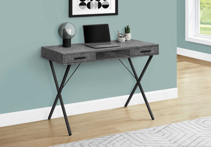 COMPUTER DESK - 42"L / GREY STONE-LOOK / BLACK METAL